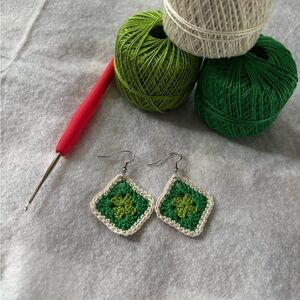 Handcrafted Granny Square Green Crochet Earrings